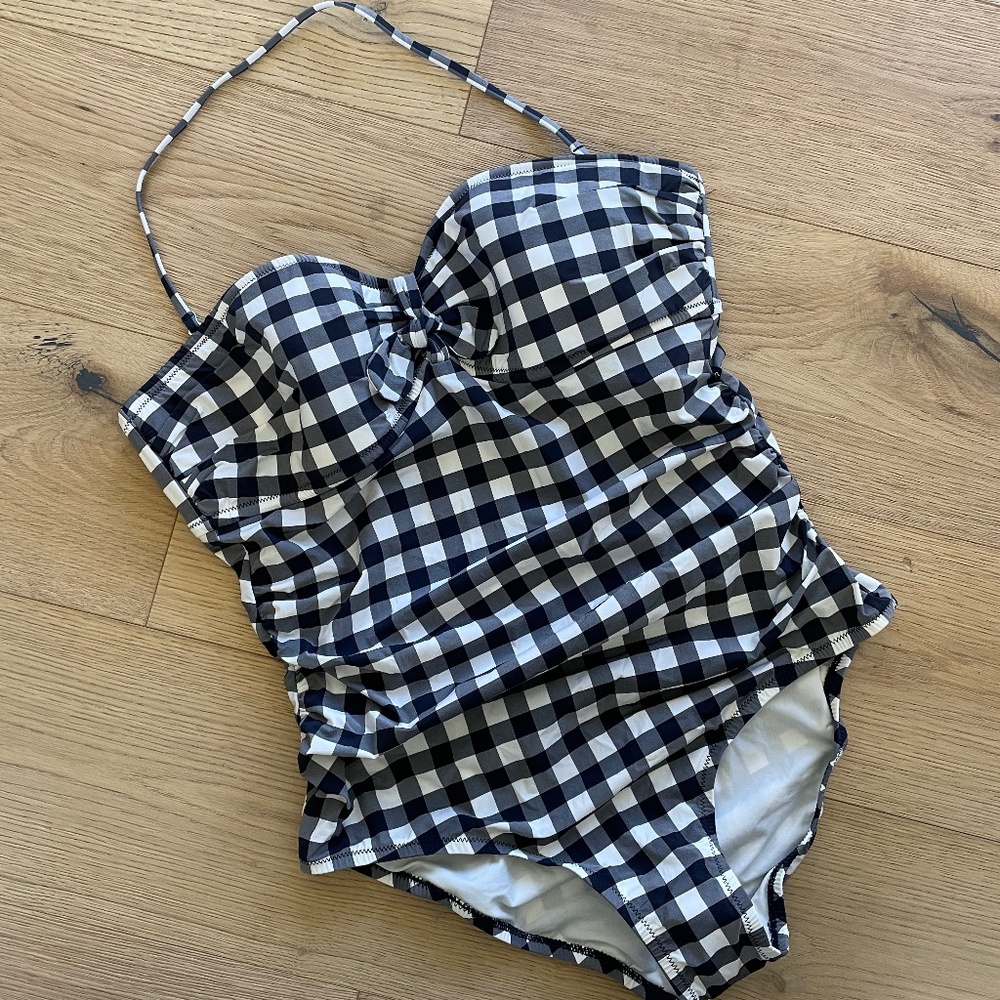 NWT new J.Crew Gingham One Piece Swimsuit Strapless Bow L large black & white